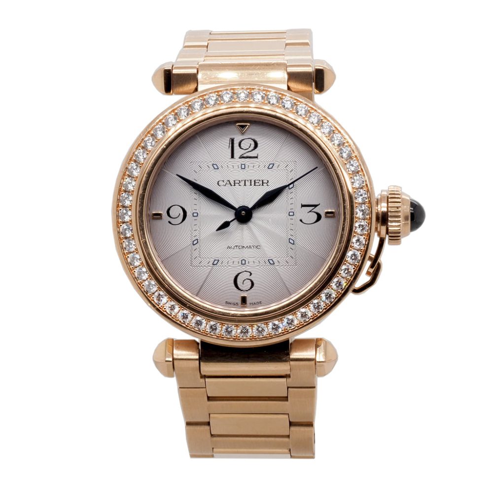 Cartier Pasha 18ct Rose Gold Diamond 35mm Automatic Watch WJPA0013, 18ct rose gold Pasha de Cartier watch with guilloche dial, mechanical automatic movement, bezel set with 48 brilliant cut diamonds