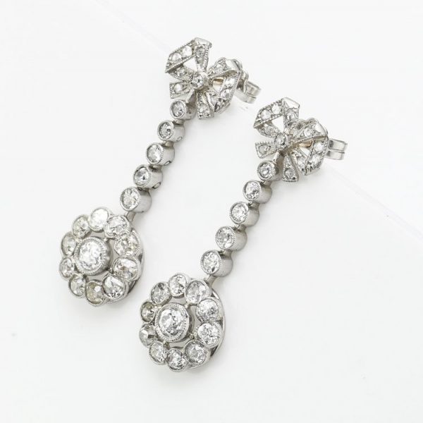 Antique Victorian Old Cut Diamond Bow and Cluster Drop Earrings in Platinum, 2.72 carat total