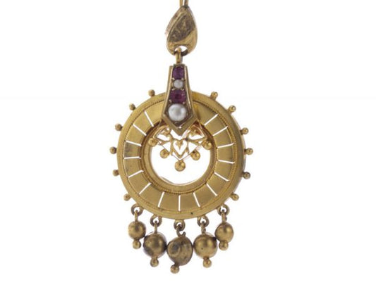 Antique Victorian 15ct Yellow Gold, Pearl and Ruby Drop Earrings; 19thC earrings set with freshwater pearls and natural rubies, Circa 1860s