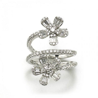 Modern Diamond Double Flower Dress Ring, featuring two diamond set flowers on a micro pavé diamond set three row spiral shank, 1.19 carat total, in 14ct white gold