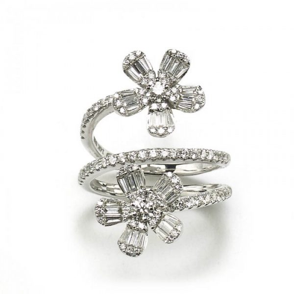 Modern Diamond Double Flower Dress Ring, featuring two diamond set flowers on a micro pavé diamond set three row spiral shank, 1.19 carat total, in 14ct white gold