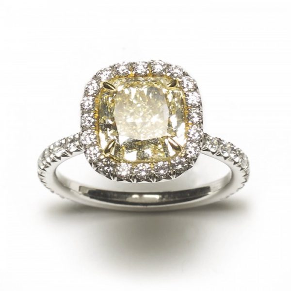 3.00ct Cushion Cut Yellow Diamond Cluster Ring; a 3.00 carat cushion-cut light yellow diamond, with 1.50ct diamond surround, 18ct gold