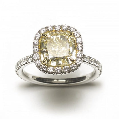 3.00ct Cushion Cut Yellow Diamond Cluster Ring; a 3.00 carat cushion-cut light yellow diamond, with 1.50ct diamond surround, 18ct gold