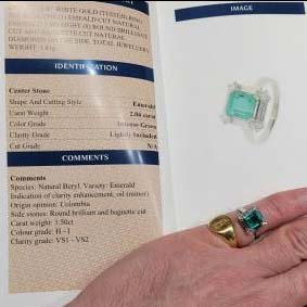 Certified 2.04ct Colombian Emerald and Baguette and Brilliant Diamond Square Cluster Engagement Ring in 18ct White Gold