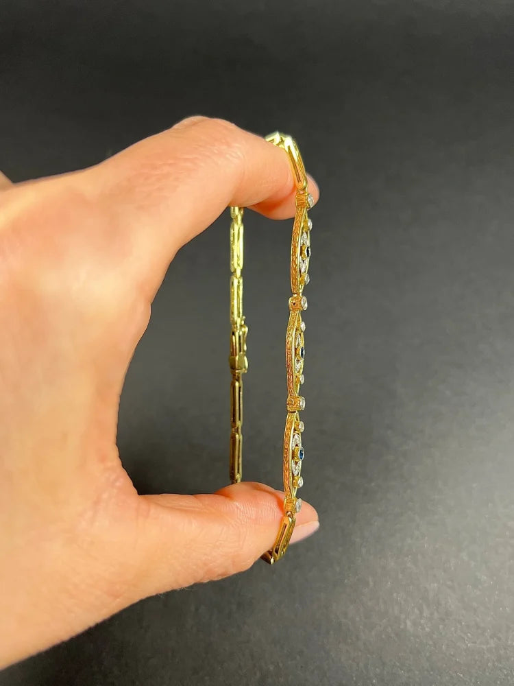 Antique Link Bracelet In 18 Carat Yellow Gold And Platinum With Diamonds And Sapphires