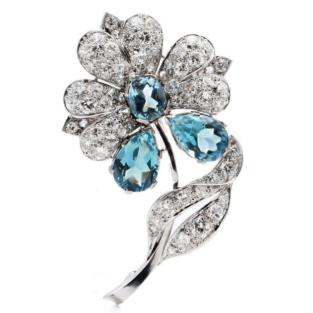 Vintage 3.75ct Aquamarine and Diamond Flower Brooch in Platinum
