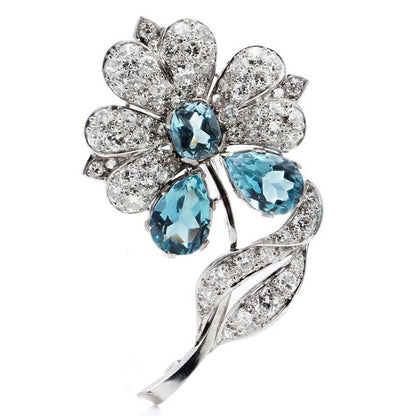 Vintage 3.75ct Aquamarine and Diamond Flower Brooch in Platinum