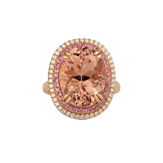 Morganite Ring with Pink Sapphire and Diamond Border, 18ct Rose Gold