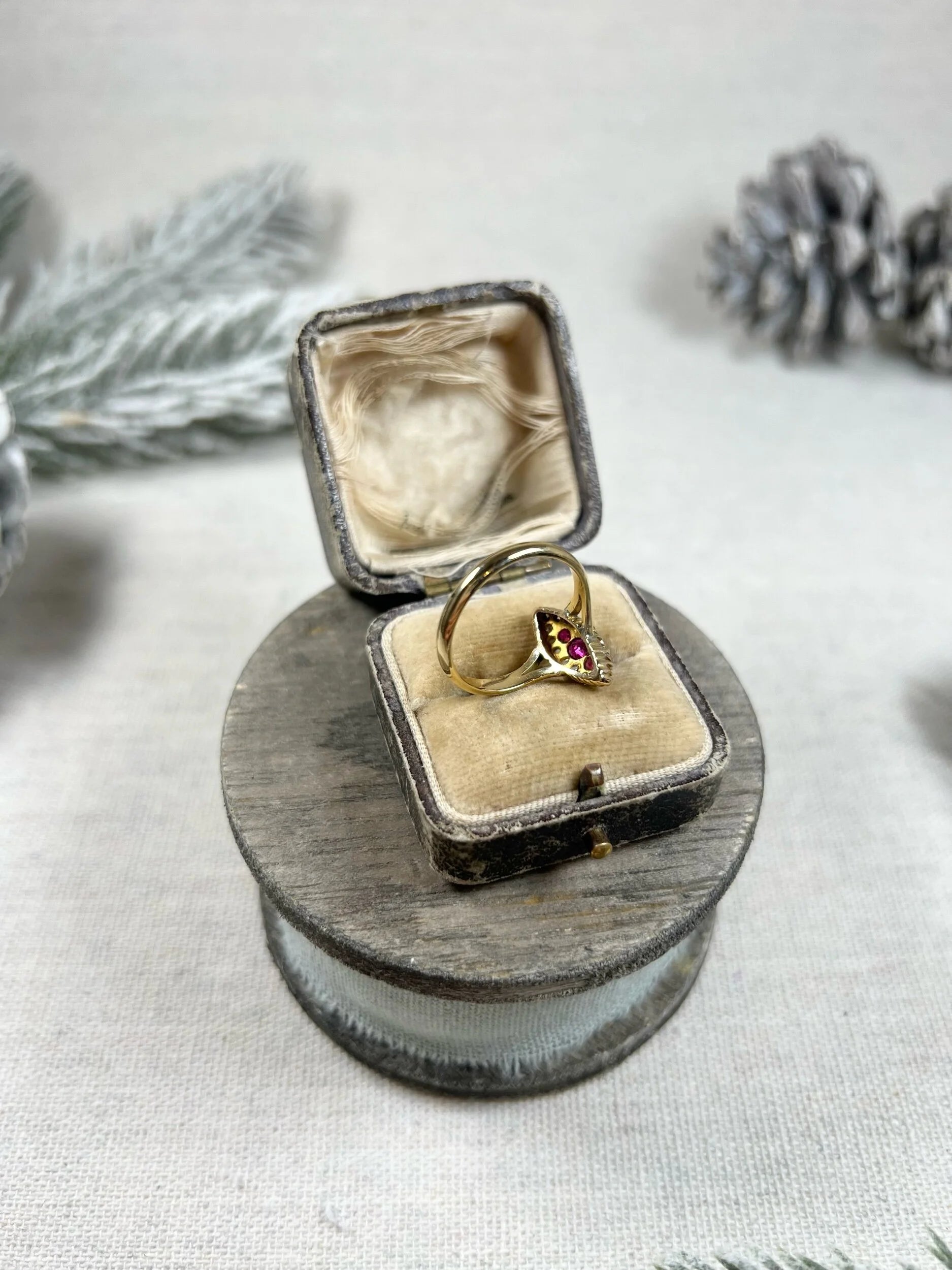 Antique 18ct Gold, Victorian Ruby & Diamond Marquise Navette Shaped Ring