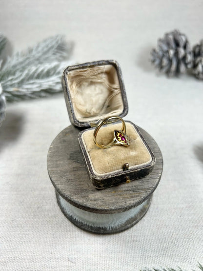 Antique 18ct Gold, Victorian Ruby & Diamond Marquise Navette Shaped Ring