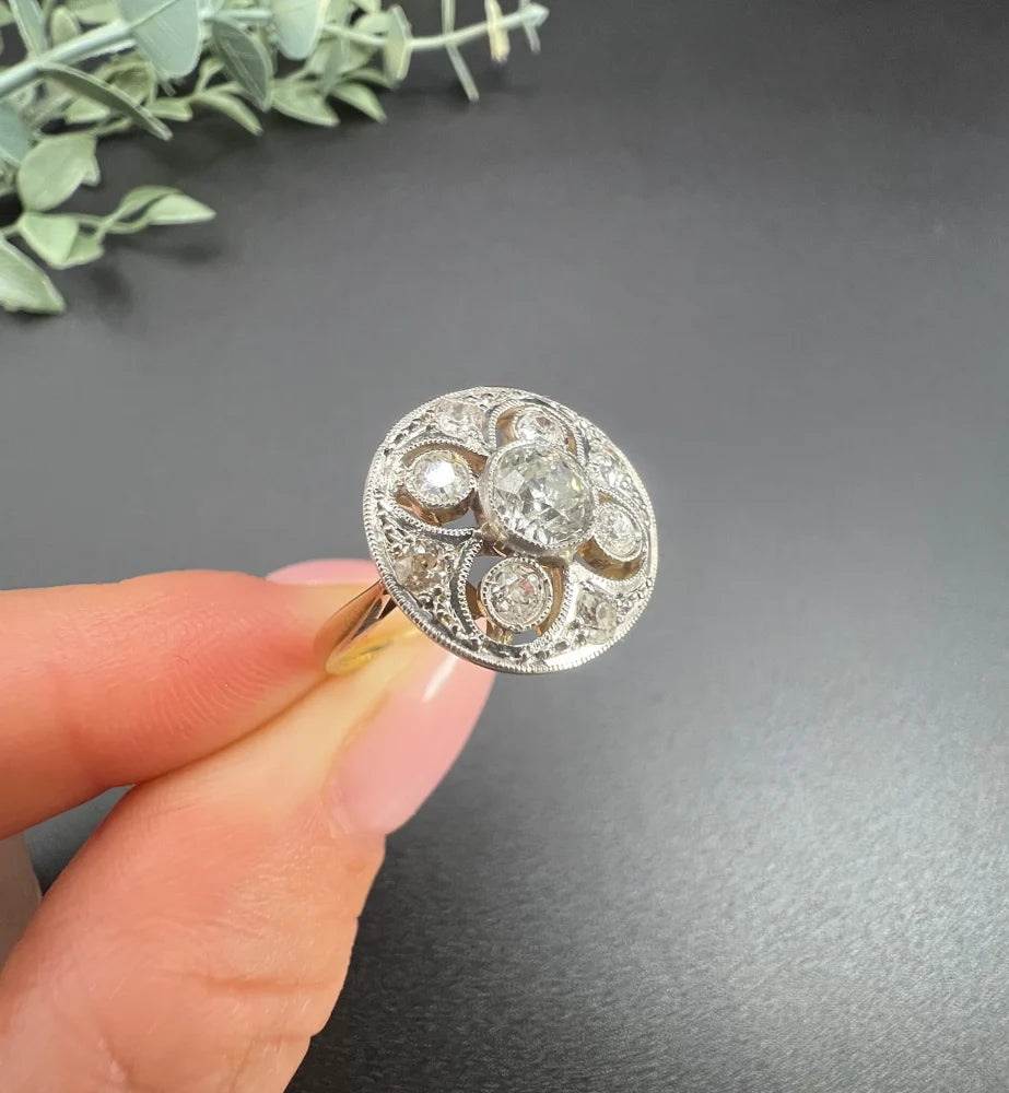 Edwardian Antique Diamond Circular Compass Points Cluster Ring