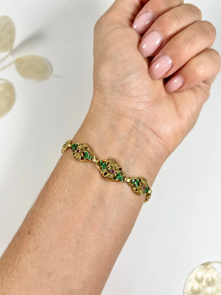 Antique 18 Carat Yellow Gold Bracelet With Rubies And Enamel