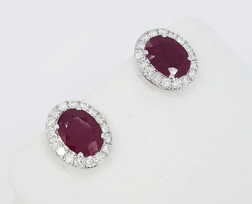 2.67ct Ruby and Diamond Oval Cluster Stud Earrings in 18ct White Gold