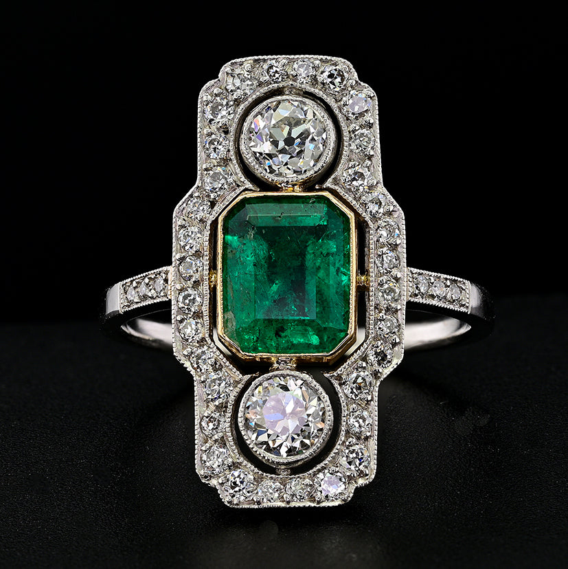 Art Deco 1.32ct Colombian Emerald and Diamond Three Stone Plaque Ring in Platinum