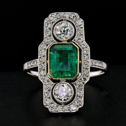 Art Deco 1.32ct Colombian Emerald and Diamond Three Stone Plaque Ring in Platinum