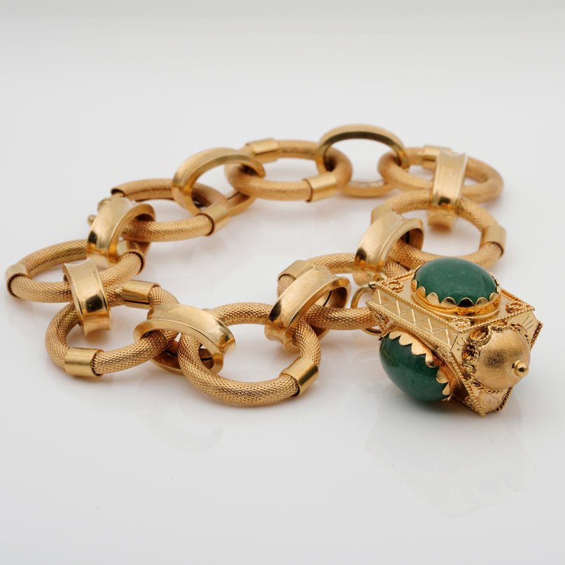 Vintage Italian Retro Etruscan Revival 18ct Yellow Gold Charm Bracelet with Chalcedony Fob