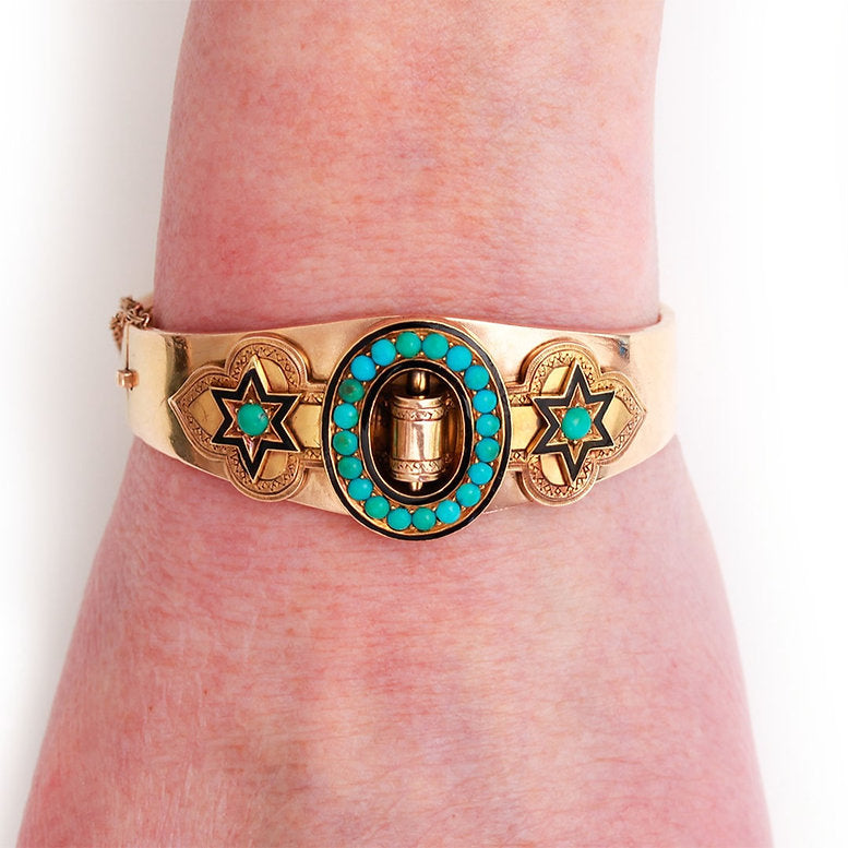 Antique Victorian 15ct Gold Turquoise Enamel Star Buckle Bangle Bracelet