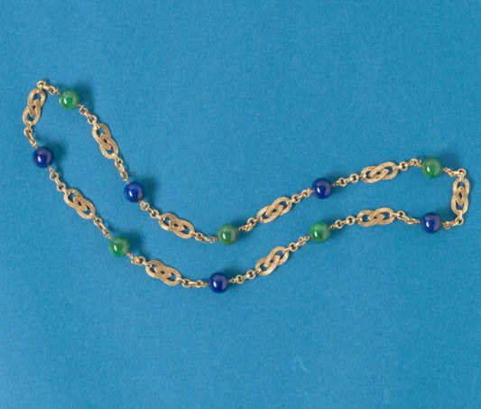 Vintage Georges Lenfant Lapis Lazuli, Zoisite and 18ct Gold Long Chain; intertwined textured gold links with large lapis and zoisite balls, Signed, c.1970