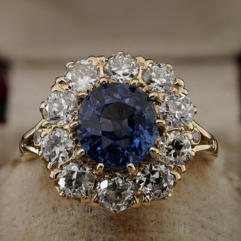 Victorian Antique 3.60ct Natural No Heat Burma Sapphire and Old Cut Diamond Cluster Engagement Ring