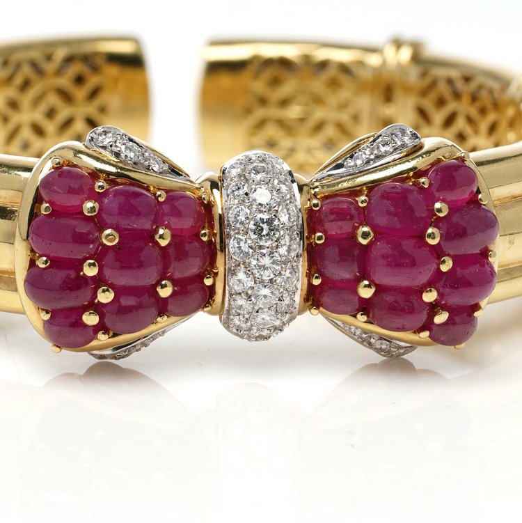 Italian 18ct Yellow Gold Bangle with 8.40ct Natural Burma Ruby and Diamond Bow