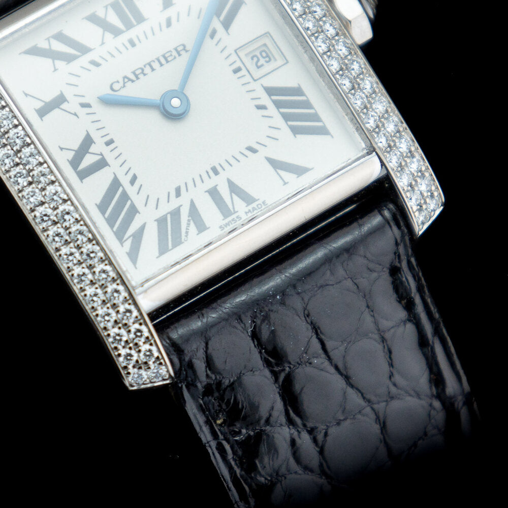 Vintage Cartier Tank Francaise 2404 18ct White Gold Factory Diamond Medium Model Watch with Box and Papers 2005