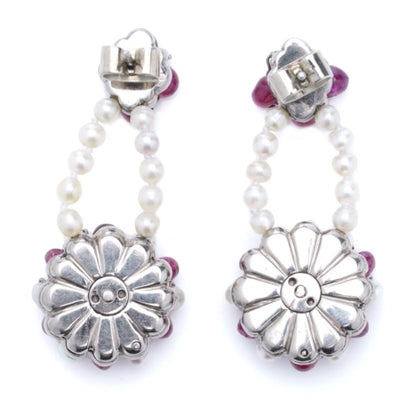 Vintage Natural Burma Ruby and Pearl Cluster Drop Earrings in 18ct White Gold