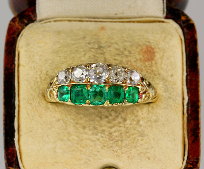 Antique Victorian Colombian Emerald and Old Mine Cut Diamond Double Row Five Stone Ring, Late 19th century, Circa 1870