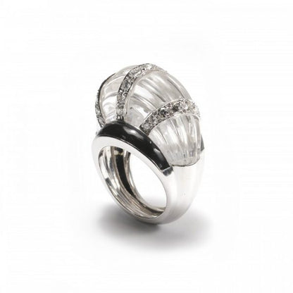 Vintage David Webb Rock Crystal, Diamond and Enamel Bombe Cocktail Ring, in platinum and 14ct white gold, Signed, Circa 1980