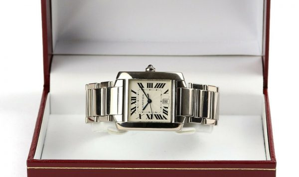 Cartier Gents Tank Française 18ct White Gold 28mm Automatic Rectangular Watch, silver guilloche dial, black Roman numerals, date aperture at 6, sapphire crystal glass, cabochon blue gem set crown, on Cartier 18ct bracelet with hidden double deployment clasp. With Cartier booklet and certificate dated 2006.