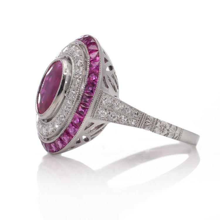 1.66ct Oval Ruby and Diamond Double Cluster Dress Ring in Platinum