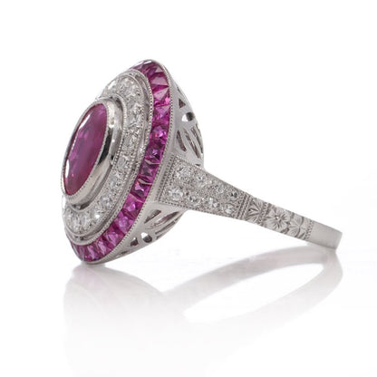 1.66ct Oval Ruby and Diamond Double Cluster Dress Ring in Platinum