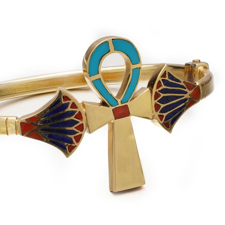 Vintage Egyptian 18ct Yellow Gold, Blue and Red Enamel Ankh Bracelet