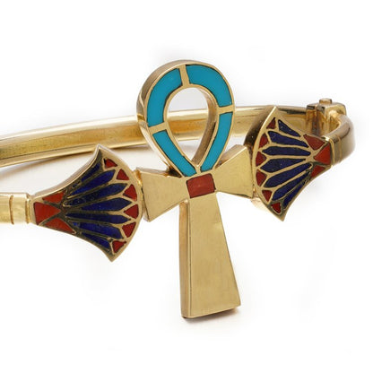 Vintage Egyptian 18ct Yellow Gold, Blue and Red Enamel Ankh Bracelet