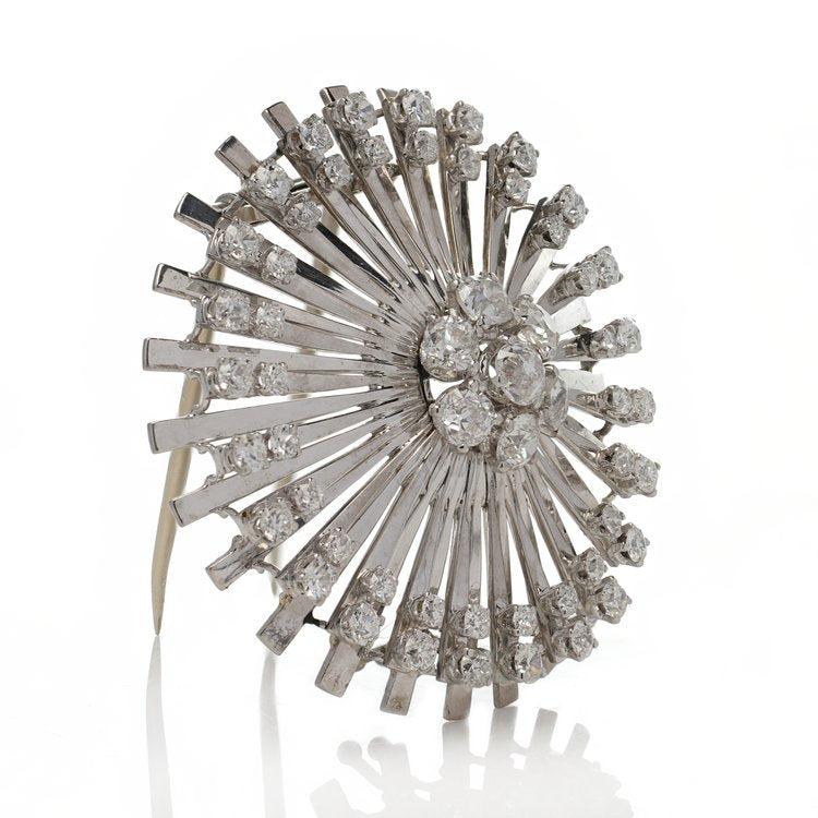 Art Deco Platinum and 3.33ct Old Cut Diamond Flower Sunburst Brooch