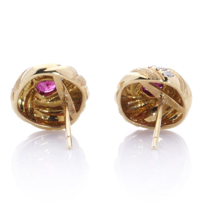 0.80ct Pear Cut Burma Ruby Diamond Gold Earrings