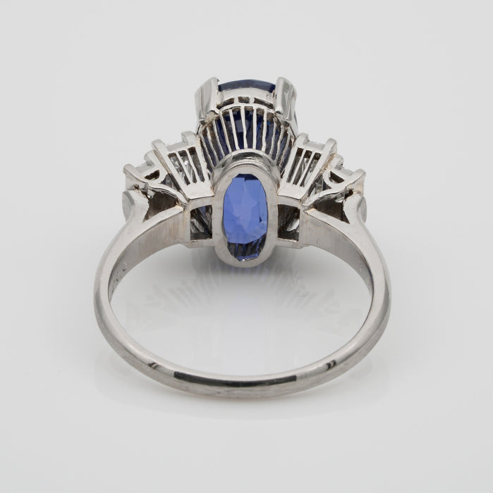 Art Deco 7.14ct No Heat Sapphire and Baguette Diamond Ring