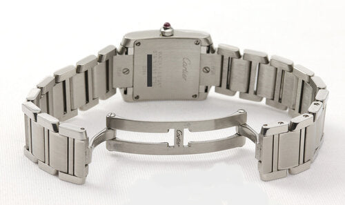 Cartier Tank Francaise Ladies 20mm Stainless Steel 2384 Quartz Watch, pink mother of pearl dial, Roman numerals, blue steel hands, cabochon crown, stainless steel bracelet with double fold clasp