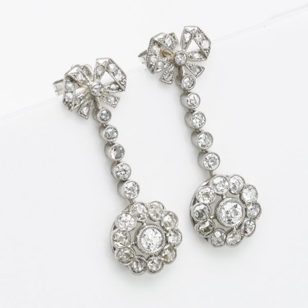 Antique Victorian Old Cut Diamond Bow and Cluster Drop Earrings in Platinum, 2.72 carat total