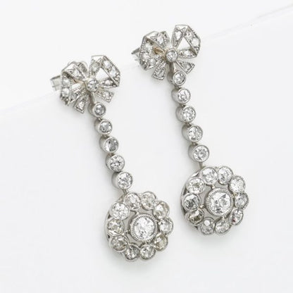 Antique Victorian Old Cut Diamond Bow and Cluster Drop Earrings in Platinum, 2.72 carat total