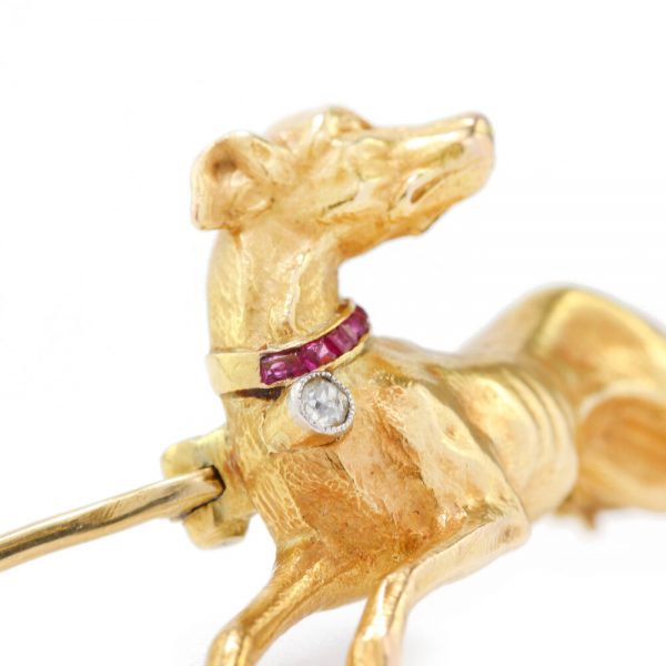 Antique Victorian 18ct Yellow Gold Dog Brooch with Diamond and Rubies