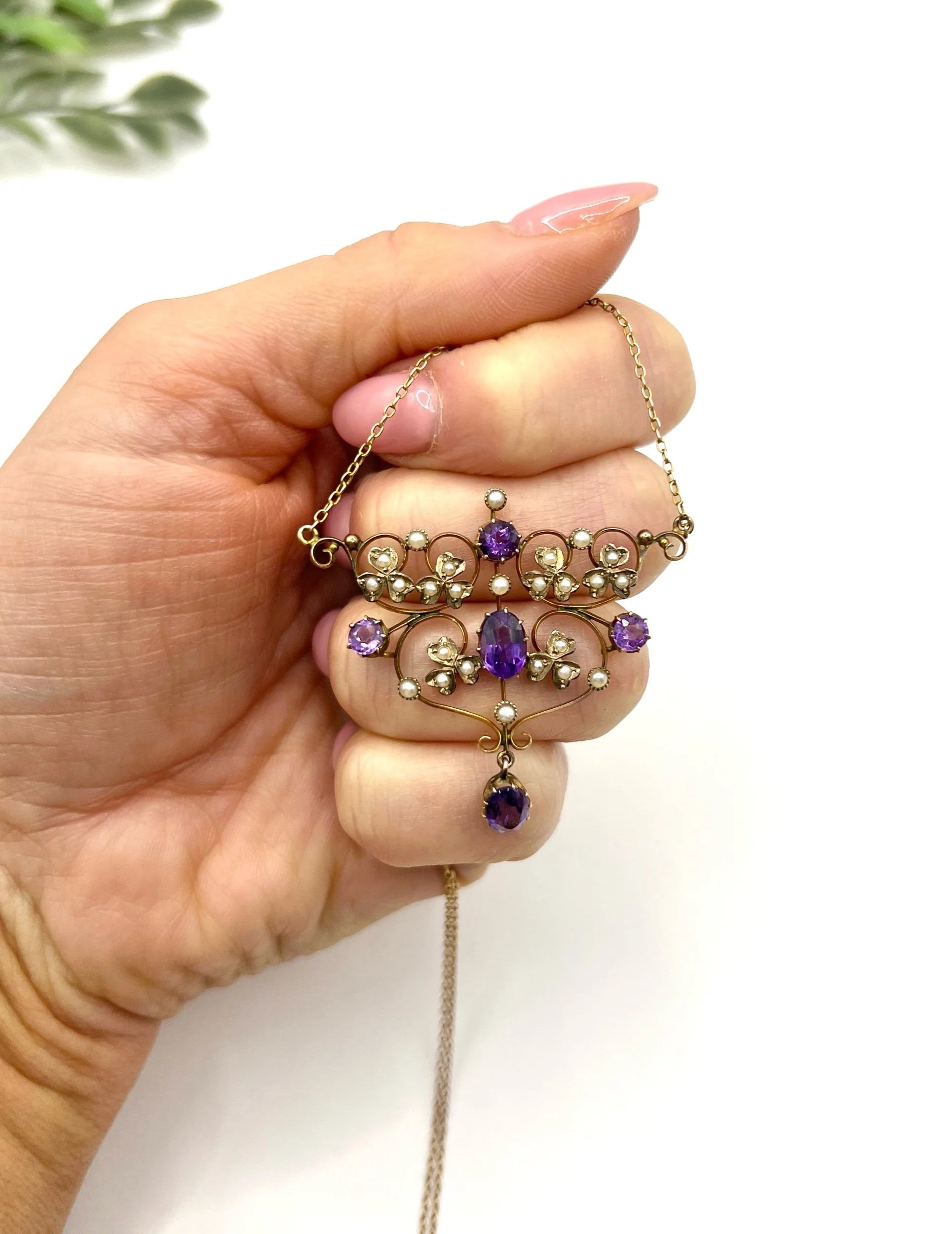 Antique 9 Carat Rose Gold Amethyst and Seed Pearl Pendant Necklace