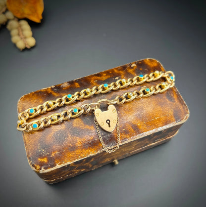 Victorian 15 Carat Yellow Gold Curb Link Turquoise and Pearl Bracelet with Heart Padlock
