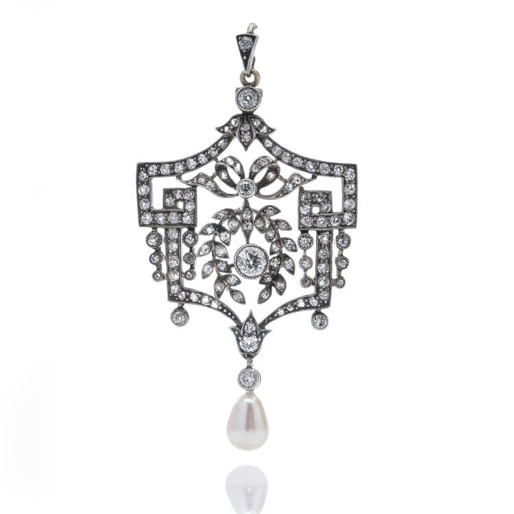 Belle Epoque 1.60ct Old Cut Diamond Pendant with Natural Pearl