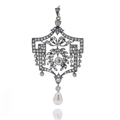 Belle Epoque 1.60ct Old Cut Diamond Pendant with Natural Pearl