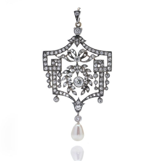Belle Epoque 1.60ct Old Cut Diamond Pendant with Natural Pearl