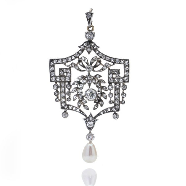 Belle Epoque 1.60ct Old Cut Diamond Pendant with Natural Pearl