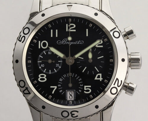 Breguet Type XX Stainless Steel Automatic Chronograph 39mm Watch; black dial, Arabic numerals, luminous hands, stainless steel bracelet strap, with box and papers