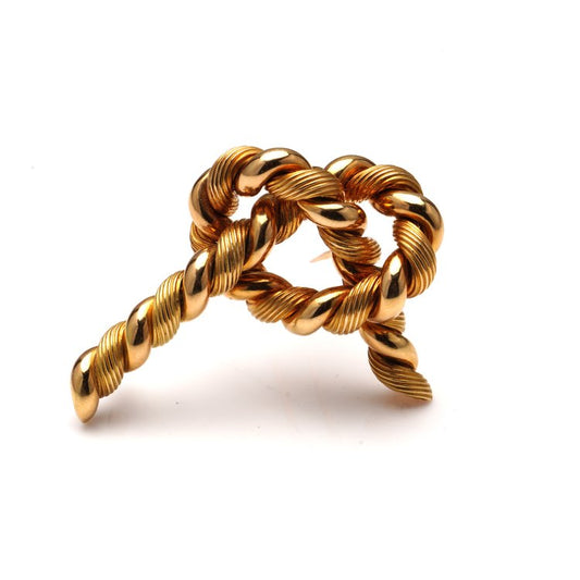 Vintage Hermes 1960s Tied Rope Knot Gold Brooch by Georges Lenfant; 18ct yellow gold Hermès brooch designed by Georges L’enfant, in original box, Made in France, Paris