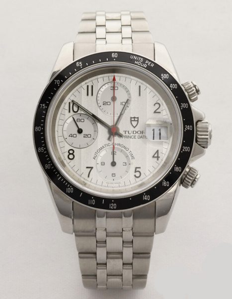Tudor Prince Date 79260 Automatic Chronograph Watch, Year 2001, 40mm stainless steel case with silver dial, chronograph function, date indicator and sapphire crystal, on a stainless Steel Jubilee bracelet with steel fold over clasp