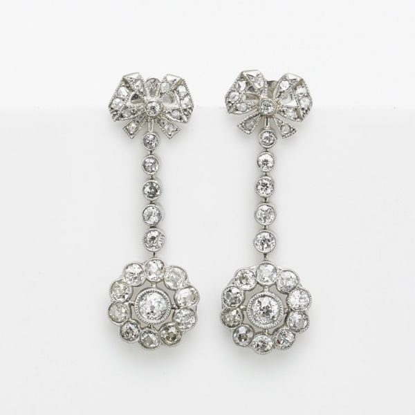 Antique Victorian Old Cut Diamond Bow and Cluster Drop Earrings in Platinum, 2.72 carat total